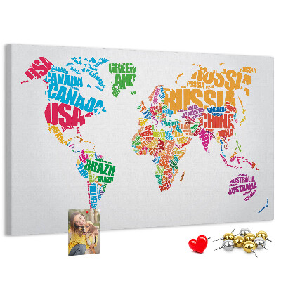 Tableau en liège Carte du monde colorée avec les noms des pays