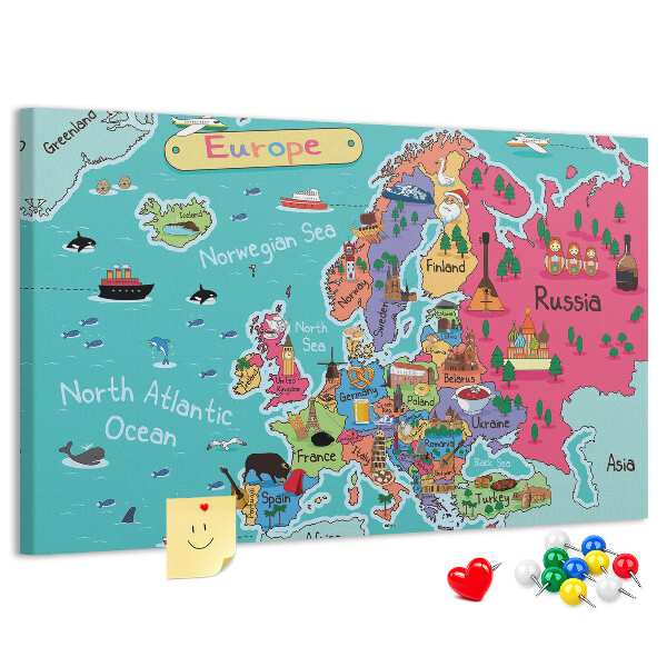 Tableau affichage liège Carte colorée de l'Europe avec les noms des pays