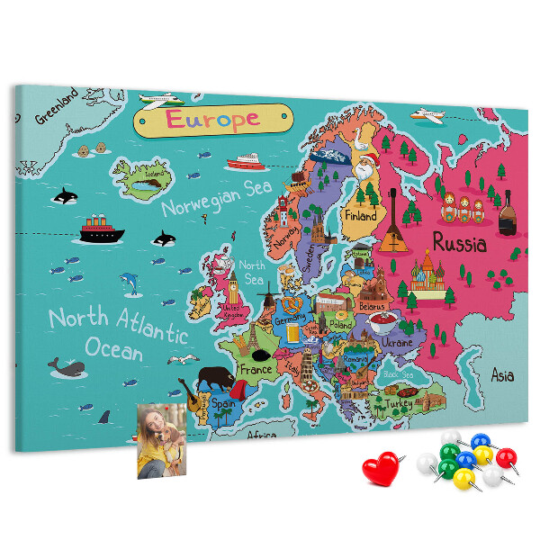 Tableau affichage liège Carte colorée de l'Europe avec les noms des pays