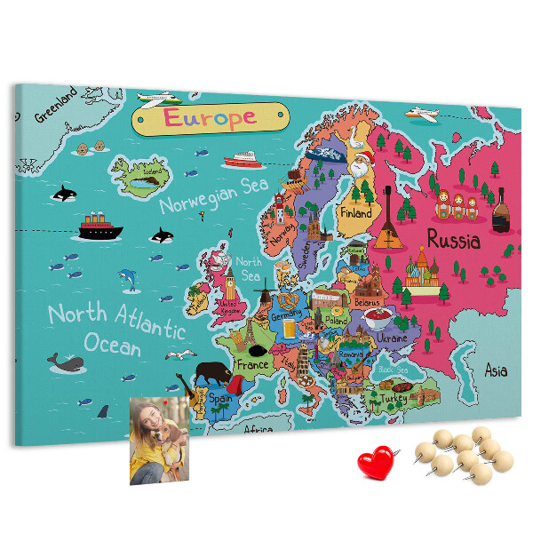 Tableau affichage liège Carte colorée de l'Europe avec les noms des pays