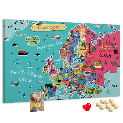 Tableau affichage liège Carte colorée de l'Europe avec les noms des pays