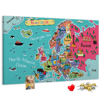 Tableau affichage liège Carte colorée de l'Europe avec les noms des pays