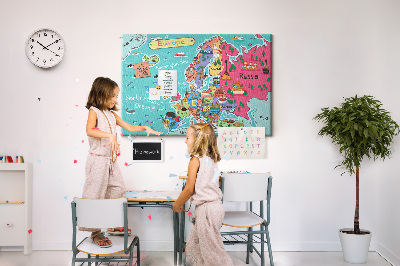 Tableau affichage liège Carte colorée de l'Europe avec les noms des pays