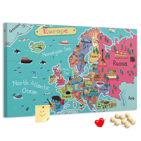 Tableau affichage liège Carte colorée de l'Europe avec les noms des pays