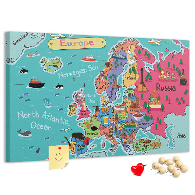 Tableau affichage liège Carte colorée de l'Europe avec les noms des pays