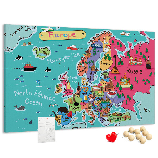 Tableau affichage liège Carte colorée de l'Europe avec les noms des pays