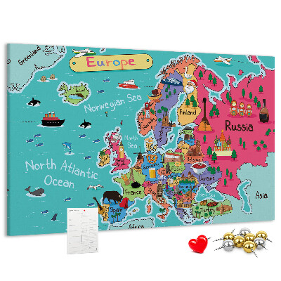 Tableau affichage liège Carte colorée de l'Europe avec les noms des pays