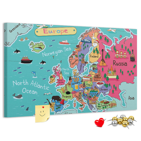 Tableau affichage liège Carte colorée de l'Europe avec les noms des pays