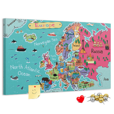 Tableau affichage liège Carte colorée de l'Europe avec les noms des pays
