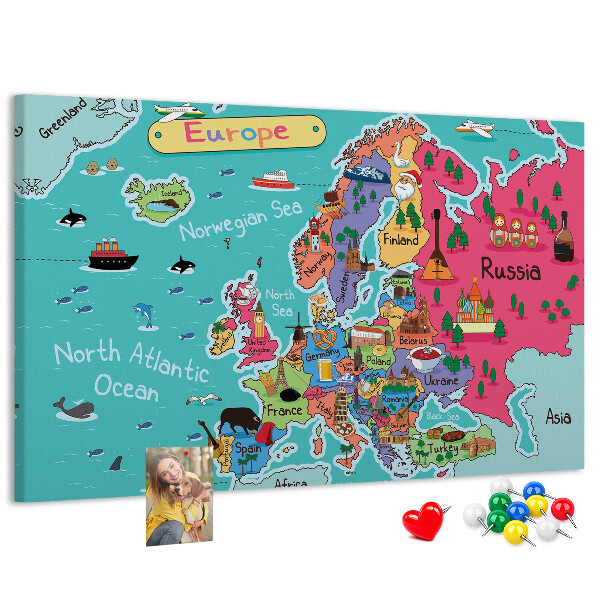 Tableau affichage liège Carte colorée de l'Europe avec les noms des pays