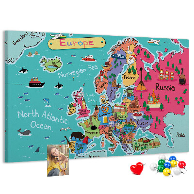 Tableau affichage liège Carte colorée de l'Europe avec les noms des pays
