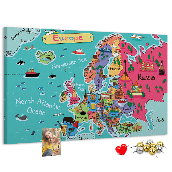 Tableau affichage liège Carte colorée de l'Europe avec les noms des pays