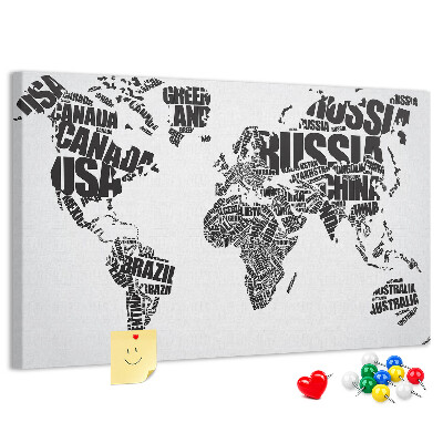Tableau de liège Carte du monde avec les noms des pays en toutes lettres