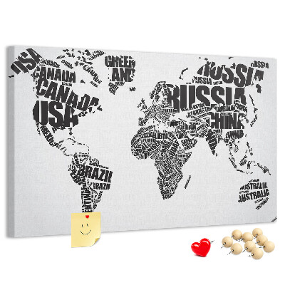 Tableau de liège Carte du monde avec les noms des pays en toutes lettres