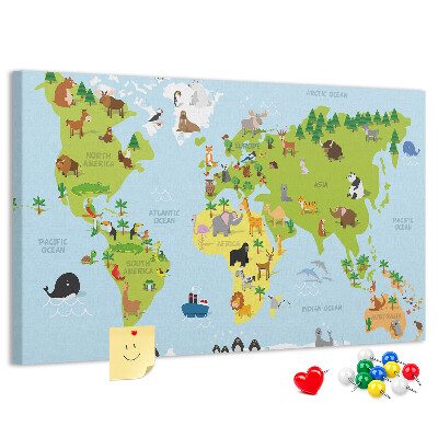 Tableau en liège Carte du monde avec les animaux et les continents