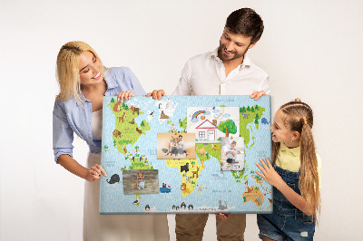 Tableau en liège Carte du monde avec les animaux et les continents