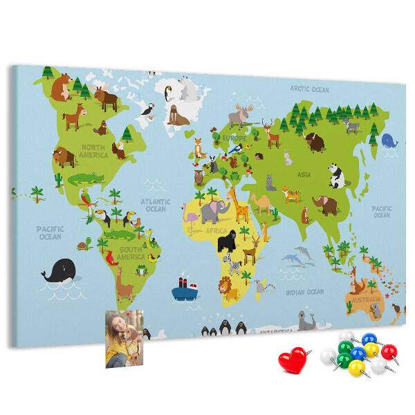 Tableau en liège Carte du monde avec les animaux et les continents