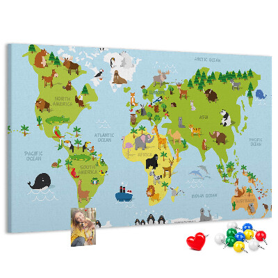 Tableau en liège Carte du monde avec les animaux et les continents