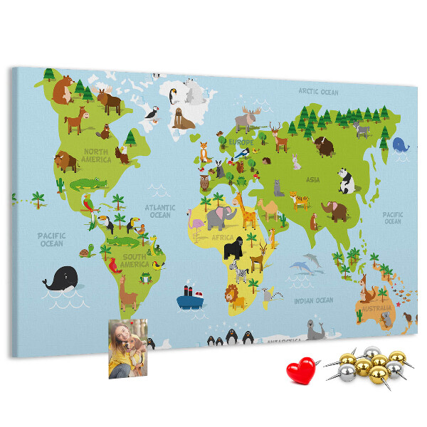 Tableau en liège Carte du monde avec les animaux et les continents