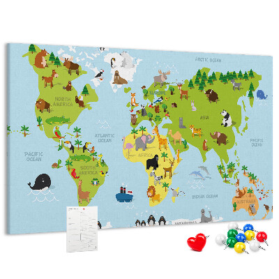 Tableau en liège Carte du monde avec les animaux et les continents