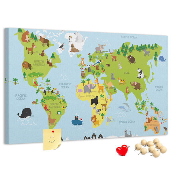 Tableau en liège Carte du monde avec les animaux et les continents
