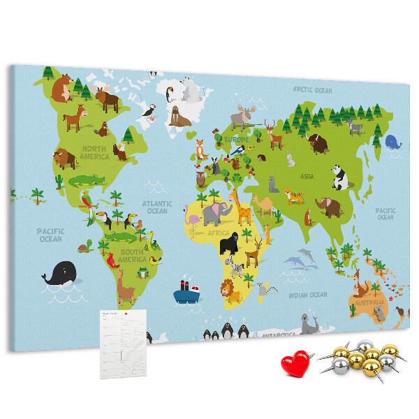 Tableau en liège Carte du monde avec les animaux et les continents