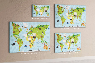 Tableau en liège Carte du monde avec les animaux et les continents