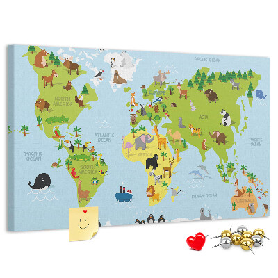 Tableau en liège Carte du monde avec les animaux et les continents