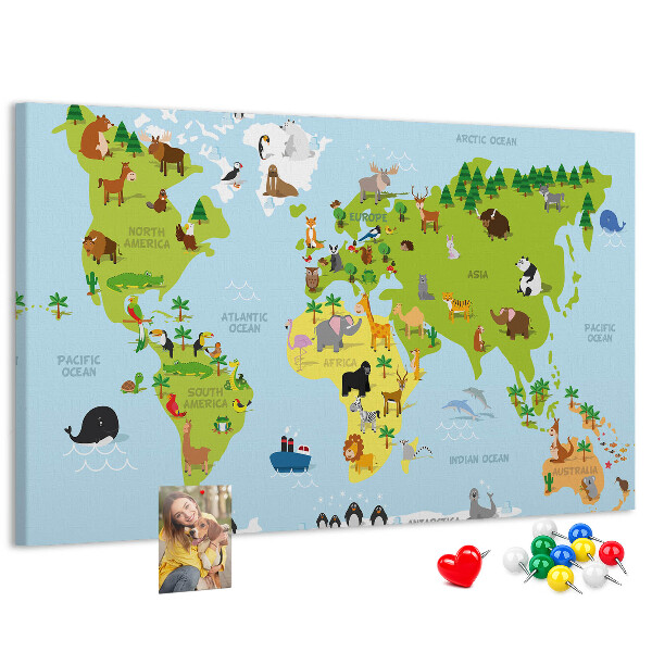 Tableau en liège Carte du monde avec les animaux et les continents