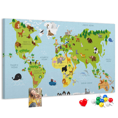 Tableau en liège Carte du monde avec les animaux et les continents
