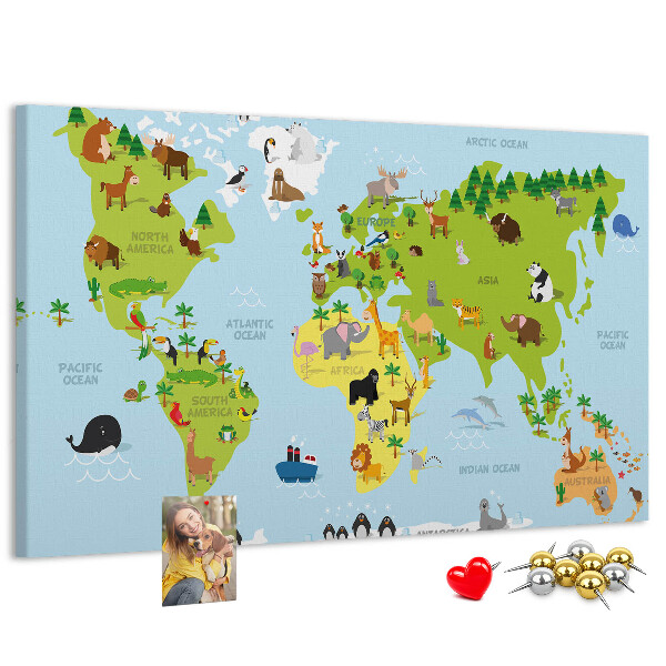 Tableau en liège Carte du monde avec les animaux et les continents