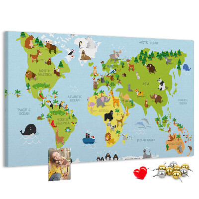Tableau en liège Carte du monde avec les animaux et les continents