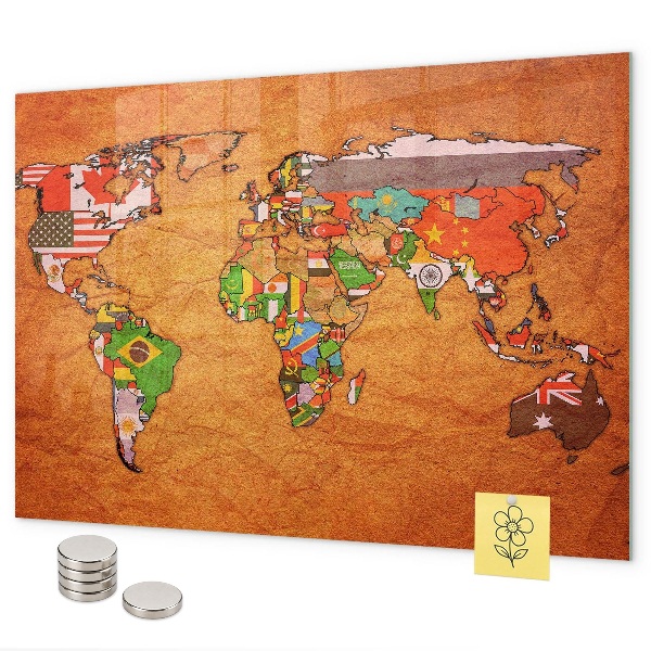 Tableau magnétique mural Carte du monde avec drapeaux