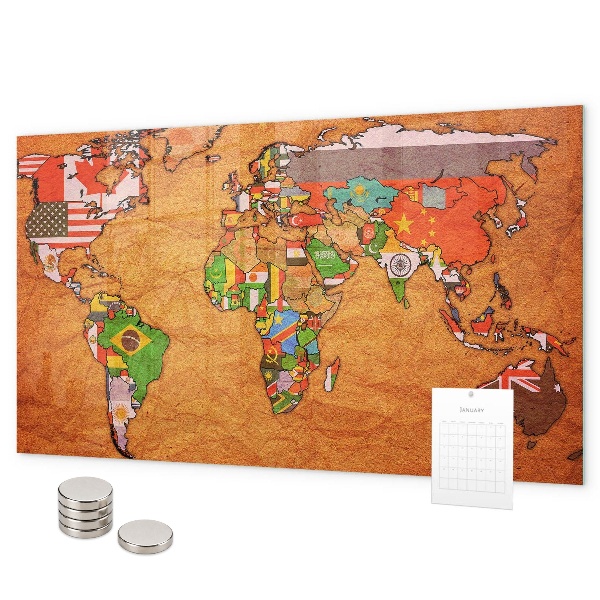 Tableau magnétique mural Carte du monde avec drapeaux