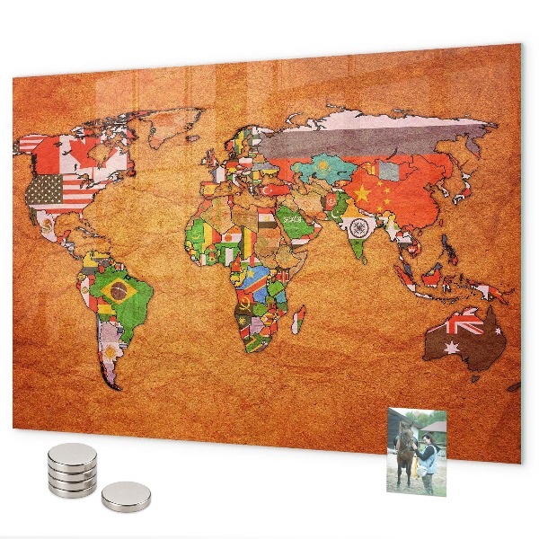 Tableau magnétique mural Carte du monde avec drapeaux