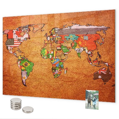 Tableau magnétique mural Carte du monde avec drapeaux