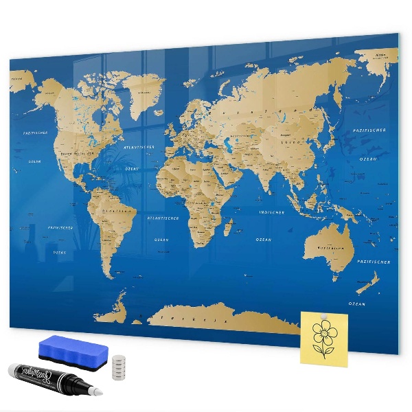 Tableau magnétique effaçable Carte du monde avec des lieux à marquer