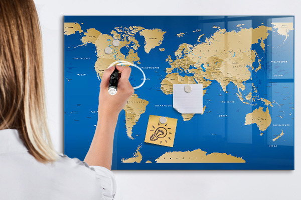 Tableau magnétique effaçable Carte du monde avec des lieux à marquer