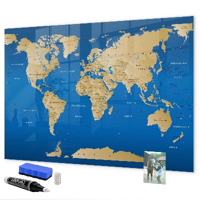 Tableau magnétique effaçable Carte du monde avec des lieux à marquer