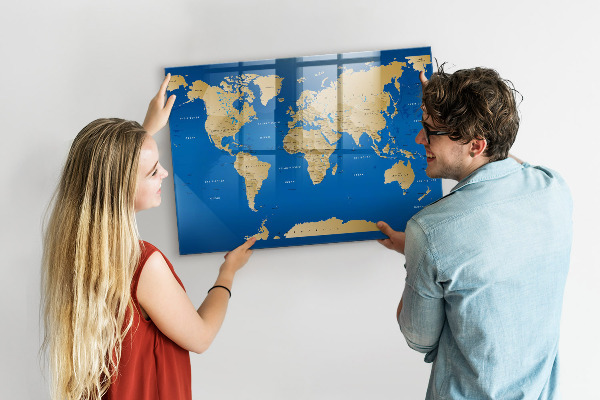 Tableau magnétique effaçable Carte du monde avec des lieux à marquer