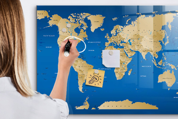Tableau magnétique effaçable Carte du monde avec des lieux à marquer