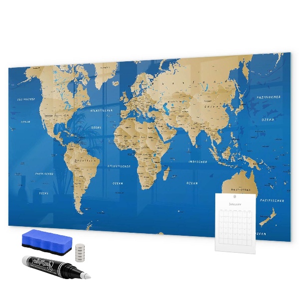 Tableau magnétique effaçable Carte du monde avec des lieux à marquer