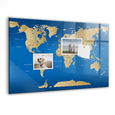 Tableau magnétique effaçable Carte du monde avec des lieux à marquer