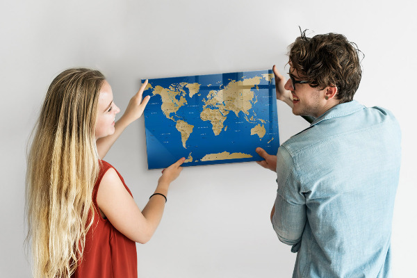 Tableau magnétique effaçable Carte du monde avec des lieux à marquer
