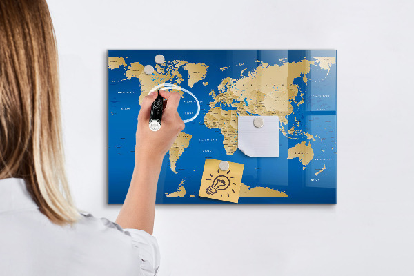 Tableau magnétique effaçable Carte du monde avec des lieux à marquer