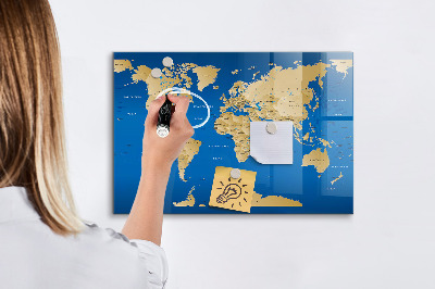 Tableau magnétique effaçable Carte du monde avec des lieux à marquer