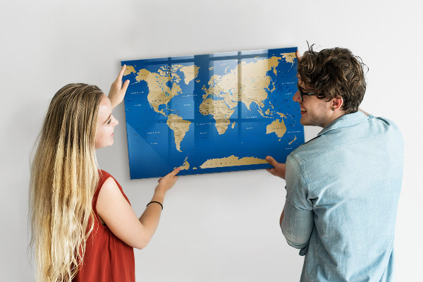 Tableau magnétique effaçable Carte du monde avec des lieux à marquer