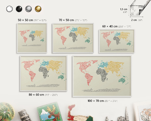 Panneau magnétique décoratif cadre noir Carte du monde