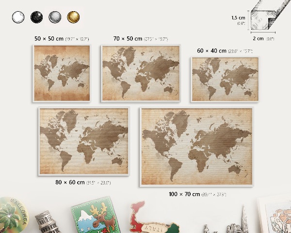 Tableau mural pour aimants dans un cadre noir Carte du monde