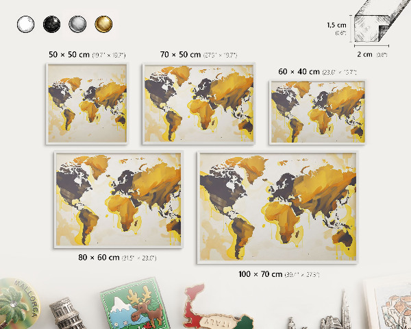Tableau mural pour aimants dans un cadre noir Carte du monde